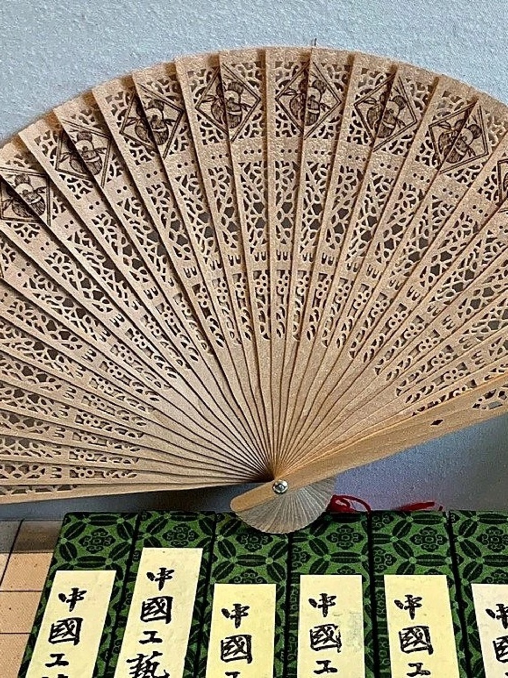 Lot of 7 Vintage Chinese Carved Sandalwood Folding Hand Fans with Original Boxes